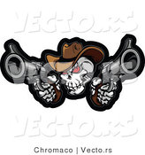 Vector of a Develish Cowboy Skull Aiming 2 Guns While Staring with Intimidating Red Eyes by Chromaco