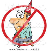 Vector of a Dunce Cartoon Man Sitting on a Stool Under a Red Restricted Symbol by Toonaday