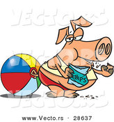 Vector of a Fat Cartoon Pig Eating Chips at the Beach Beside a Ball by Toonaday