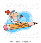 Vector of a Freelance Knight Flying in the Sky on a Giant Pencil by Hit Toon
