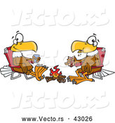 Vector of a Friendly Cartoon Eagles Eating Lunch in Front of a Campfire by Toonaday