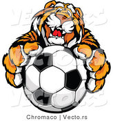 Vector of a Friendly Tiger Mascot Gripping Soccer Ball by Chromaco