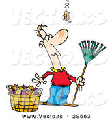 Vector of a Funny Cartoon Man Holding a Rake While Standing Beside a Bag of Leafs and Watching One More Leaf Fall Towards the Ground by Toonaday
