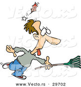 Vector of a Funny Cartoon Man Running with a Rake While Getting Knocked out by a Falling Leaf by Toonaday