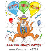 Vector of a Ginger Cat in a Vest and Tie, Holding onto Balloons and Surrounded by Confetti at a Party, with Happy New Year All You Crazy Cats Text by LaffToon