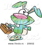 Vector of a Green Plaid Cartoon Easter Bunny Carrying a Full Basket of Painted Eggs by Toonaday