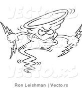 Vector of a Grinning Cartoon Tornado Mascot Holding Lightning Bolts - Line Drawing by Toonaday
