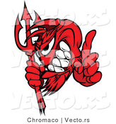 Vector of a Grinning Red Devil Mascot Pointing Finger with Pitchfork by Chromaco
