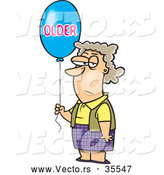 Vector of a Grumpy Cartoon Birthday Woman Holding an "OLDER" Balloon by Toonaday