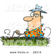 Vector of a Grumpy Cartoon Man Mowing Lawn with Tall Grass by Toonaday