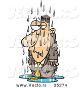 Vector of a Grumpy Cartoon Man Standing Outside in the Cold Rain by Toonaday