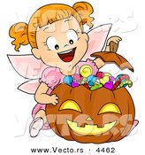 Vector of a Halloween Cartoon Girl in a Fairy Costume Witting Behind Her Candy Stash in a Pumpkin by BNP Design Studio