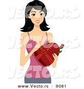 Vector of a Happy Asian Girl Holding a Red Rose and a Box of Valentine Chocolates by BNP Design Studio