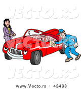 Vector of a Happy Auto Mechanic Man Smiling While Shining a Classic Red Convertible Car for a Lady by LaffToon