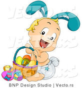Vector of a Happy Baby Bunny Boy with Easter Basket Full of Eggs by BNP Design Studio