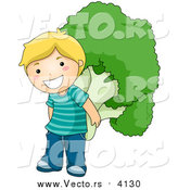 Vector of a Happy Blond Boy Carrying a Giant Broccoli Floret on His Back by BNP Design Studio