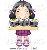 Vector of a Happy Cartoon Asian Girl Carrying Sushi Tray by BNP Design Studio
