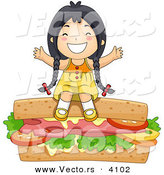 Vector of a Happy Cartoon Asian Girl Sitting on a Giant Sandwich by BNP Design Studio