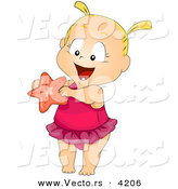 Vector of a Happy Cartoon Baby Girl Wearing Swimsuit, Holding a Starfish by BNP Design Studio