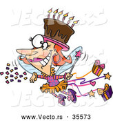 Vector of a Happy Cartoon Birthday Fairy Lady Flying Around with a Chocolate Cake on Her Head by Toonaday