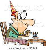 Vector of a Happy Cartoon Birthday Man Sitting in Front of a Lit Cupcake with Candles by Toonaday