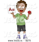 Vector of a Happy Cartoon Black School Boy Holding a Red Apple and the "Aa" Letter Flash Card by BNP Design Studio