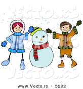 Vector of a Happy Cartoon Boy and Girl Playing Beside a Snowman by BNP Design Studio