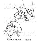 Vector of a Happy Cartoon Boy and Girl Playing on a Trapeze - Coloring Page Outline by Toonaday