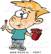 Vector of a Happy Cartoon Boy Eating French Fries with Ketchup by Toonaday