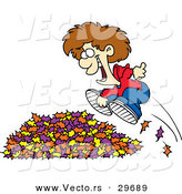 Vector of a Happy Cartoon Boy Jumping in to a Pile of Autumn Leaves by Toonaday