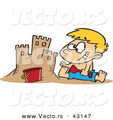 Vector of a Happy Cartoon Boy Making a Sand Castle at the Beach by Toonaday