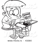 Vector of a Happy Cartoon Boy Packing Junk Food into a Picnic Basket - Coloring Page Outline by Toonaday