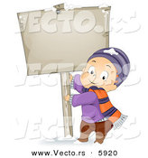 Vector of a Happy Cartoon Boy Pulling on a Sign Pole in Winter Snow Outdoors by BNP Design Studio