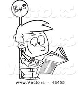 Vector of a Happy Cartoon Boy Reading a Newspaper at a Bus Stop - Coloring Page Outline by Toonaday