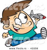 Vector of a Happy Cartoon Boy Running and Playing with a Toy Jet Airplane by Toonaday