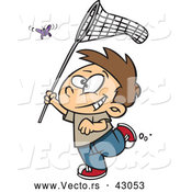 Vector of a Happy Cartoon Boy Running and Trying to Catch a Butterfly with His Insect Net by Toonaday