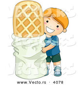 Vector of a Happy Cartoon Boy Standing Beside a Giant Waffle Cookie Dessert by BNP Design Studio