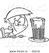 Vector of a Happy Cartoon Boy Staring at a Stack of Pancakes Dripping with Syrup - Coloring Page Outline by Toonaday