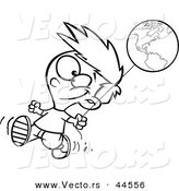 Vector of a Happy Cartoon Boy Walking with an Earth Day Balloon - Coloring Page Outline by Toonaday