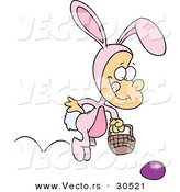 Vector of a Happy Cartoon Boy Wearing Easter Bunny Costume, Hopping Towards a Painted Egg on the Ground by Toonaday