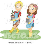 Vector of a Happy Cartoon Brother and Sister Carrying Potted Garden Plants by BNP Design Studio