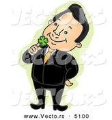 Vector of a Happy Cartoon Businessman Holding a Lucky Shamrock to His Face by BNP Design Studio