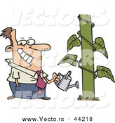 Vector of a Happy Cartoon Caucasian Businessman Watering a Monstrous Plant Showing Business Growth by Toonaday