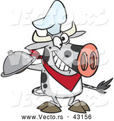Vector of a Happy Cartoon Chef Cow Holding a Cloche Platter by Toonaday