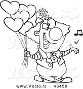 Vector of a Happy Cartoon Clown Singing and Holding Valentines Day Balloons - Coloring Page Outline by Toonaday
