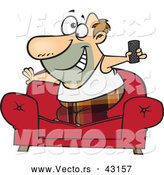 Vector of a Happy Cartoon Couch Surfer Man Standing on His Sofa with a TV Remote Control by Toonaday