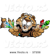 Vector of a Happy Cartoon Cougar Character with Crayons, Paintbrushes, and Pencils by Chromaco
