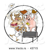 Vector of a Happy Cartoon Cow, Pig and Chicken Celebrating with a BBQ, Eating Bbq Ribs, Burgers and Chicken by LaffToon