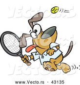 Vector of a Happy Cartoon Dog Swinging a Tennis Racket at the Ball by Toonaday