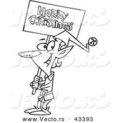 Vector of a Happy Cartoon Elf Carrying a Merry Christmas Sign - Coloring Page Outline by Toonaday